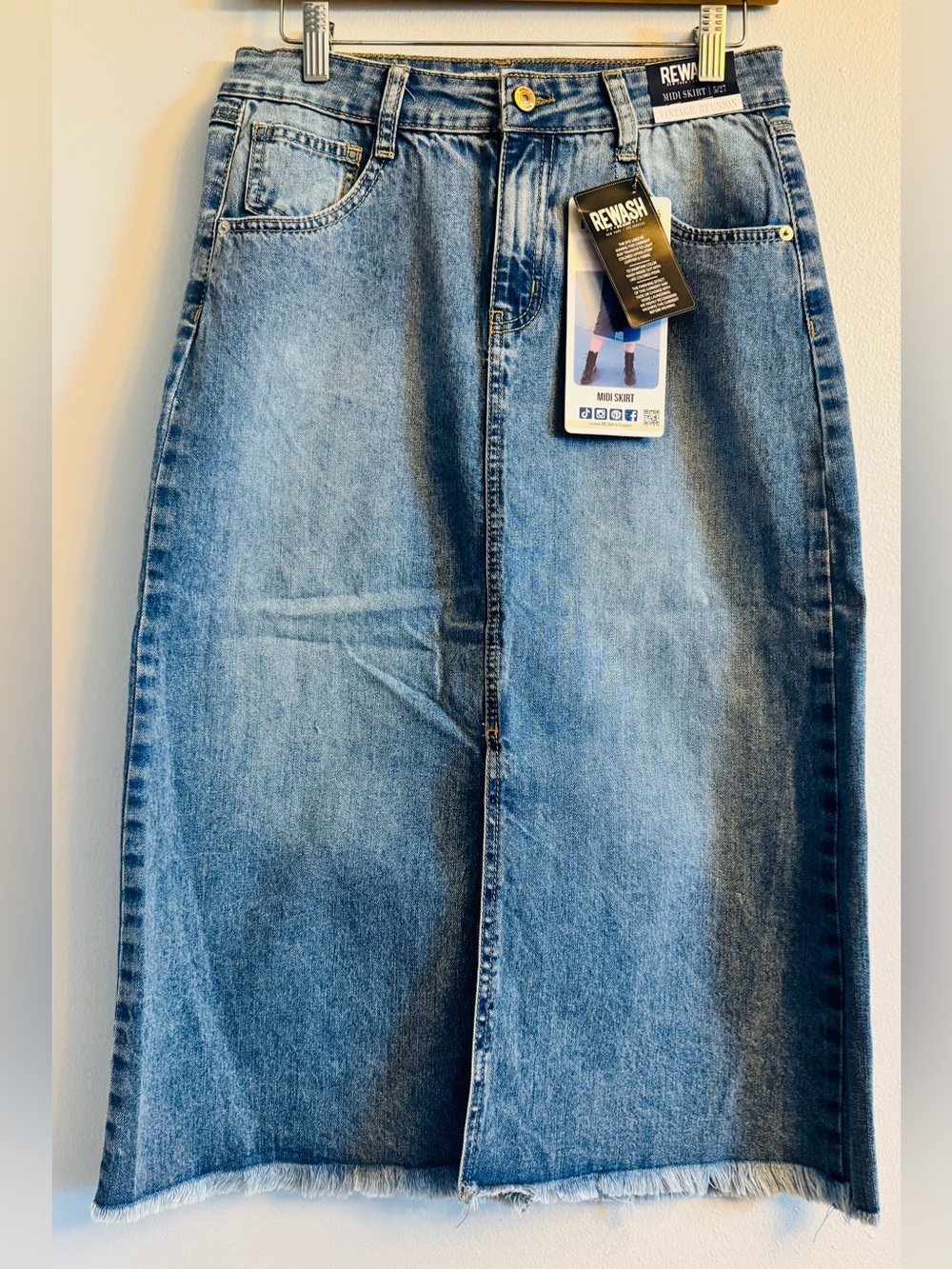 NWT Rewash Vintage Reunion Denim Midi Skirt 5/27 Light Wash Raw Hem Y2K Boho